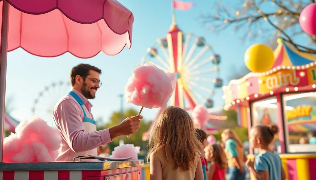 Geniet van wafel katoen op een levendig kermiscircuit met blije kinderen en kleurrijke stands.