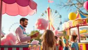Geniet van wafel katoen op een levendig kermiscircuit met blije kinderen en kleurrijke stands.