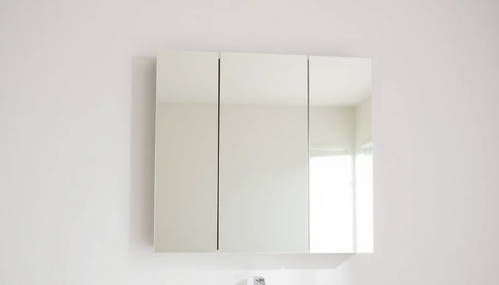 Spiegelschrank mit LED Beleuchtung beleuchtet modern eingerichtetes Badezimmer.