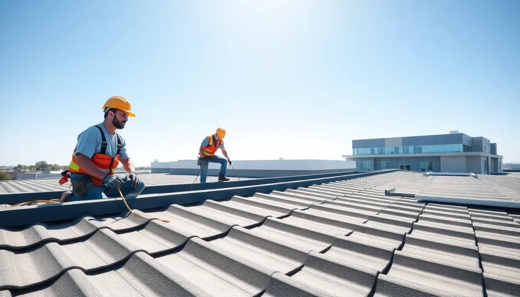 Showcasing expert roofers on a commercial roofing services project, emphasizing quality and professionalism.