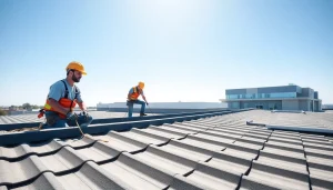 Showcasing expert roofers on a commercial roofing services project, emphasizing quality and professionalism.
