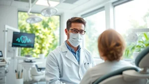 Engaging dentist providing care in a modern clinic with warm atmosphere.