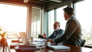 Engaged financial advisor discussing retirement planning for business owners San Antonio in a modern office.