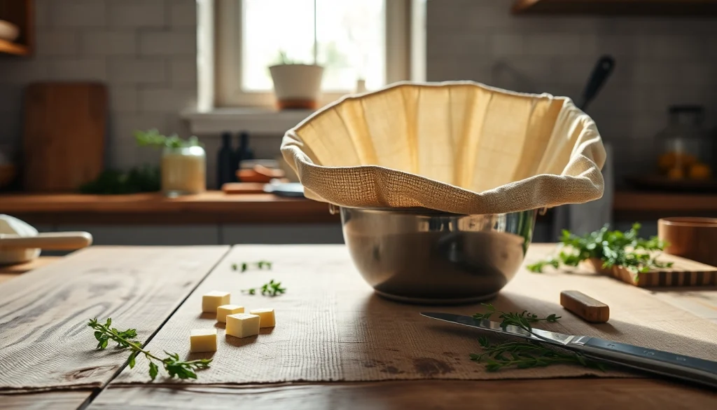 Kaasdoek gebruikt bij het maken van ambachtelijke kaas in een warme keuken.