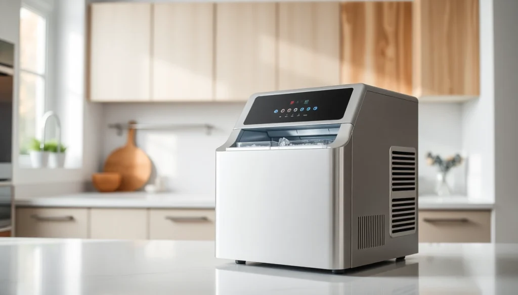Showcase an affordable ice maker in a modern kitchen, emphasizing sleek design and functionality.