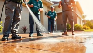 Concrete cleaning by professionals in Kissimmee, showcasing transformation with pressure washing tools.
