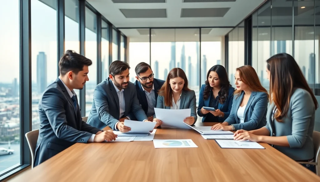Business Consultants in Dubai collaborating in a modern office setting with city views.