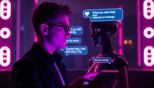 Sexting AI conversation in a futuristic digital chat with glowing messages and a charming avatar.