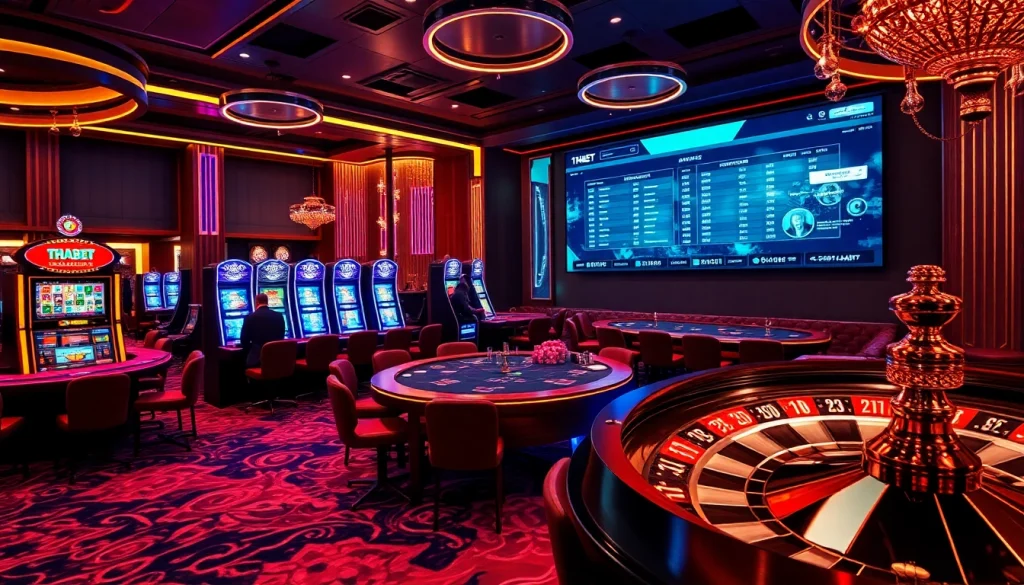 Experience the excitement of THABET with players at poker tables, vibrant slot machines, and a lively roulette scene.