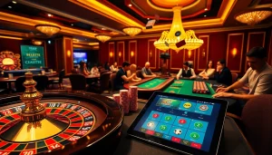 Exciting casino action featuring link alternatif sbobet on a sleek tablet among poker tables and roulette.