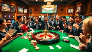 Engage in thrilling sbobet link alternatif action at a vibrant casino table surrounded by excited gamblers.