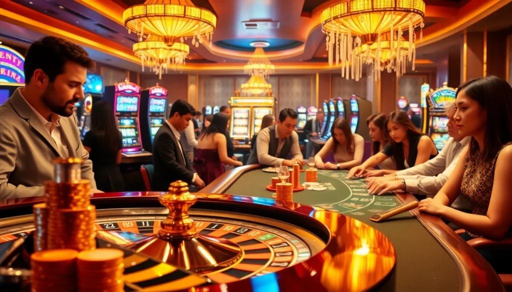 RR88 casino scene featuring vibrant roulette wheel and engaged poker players celebrating winning.