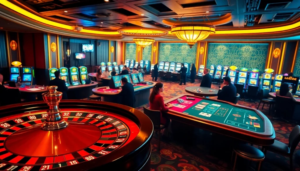 XSMB 247 players engaging in an exciting casino atmosphere with roulette and poker tables