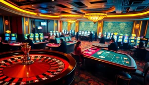 XSMB 247 players engaging in an exciting casino atmosphere with roulette and poker tables