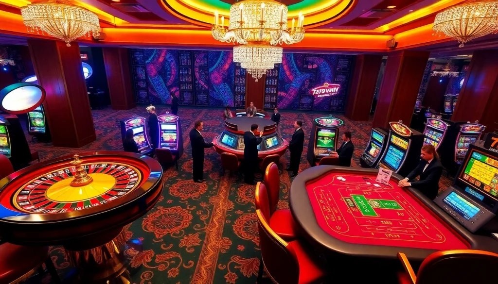 Players enjoy high-stakes gaming with vibrant 789P casino tables and slot machines.