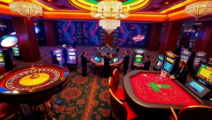Players enjoy high-stakes gaming with vibrant 789P casino tables and slot machines.