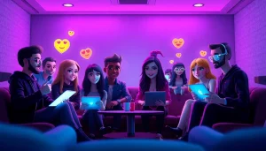 Engaging NSFW character AI chat scene with diverse avatars in a vibrant digital lounge.