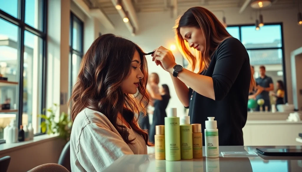 Hair salons San Diego showcasing a stylist applying highlights in a modern, eco-friendly salon environment.