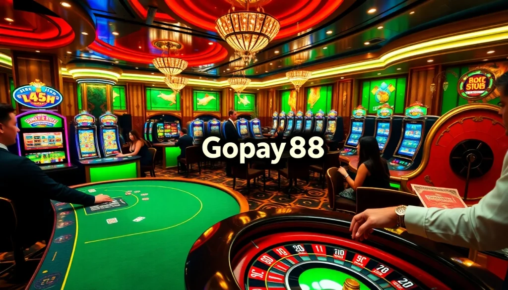 Gopay88 gamblers enjoying a thrilling casino experience with vibrant slot machines and poker tables.