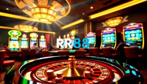 Engaging scene of RR88 with players at a vibrant casino table, spotlighting poker chips.