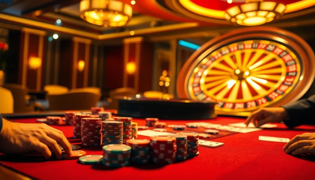 Experience the thrill of Daftar Modal138 with vibrant casino action featuring poker chips and a roulette wheel.