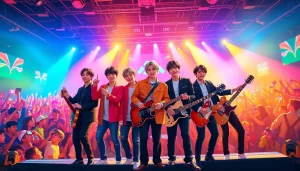 BTS members performing passionately on stage during a lively concert, showcasing their stage presence.