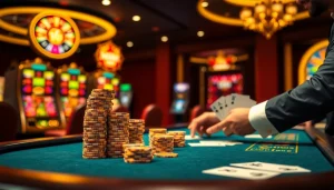 Experience the excitement of raja toto88 with lavish casino scenes featuring poker tables and vibrant slot machines.