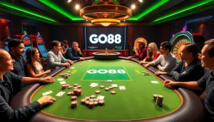 Players enjoying a thrilling game at the GO88 poker table, surrounded by luxury casino elements.