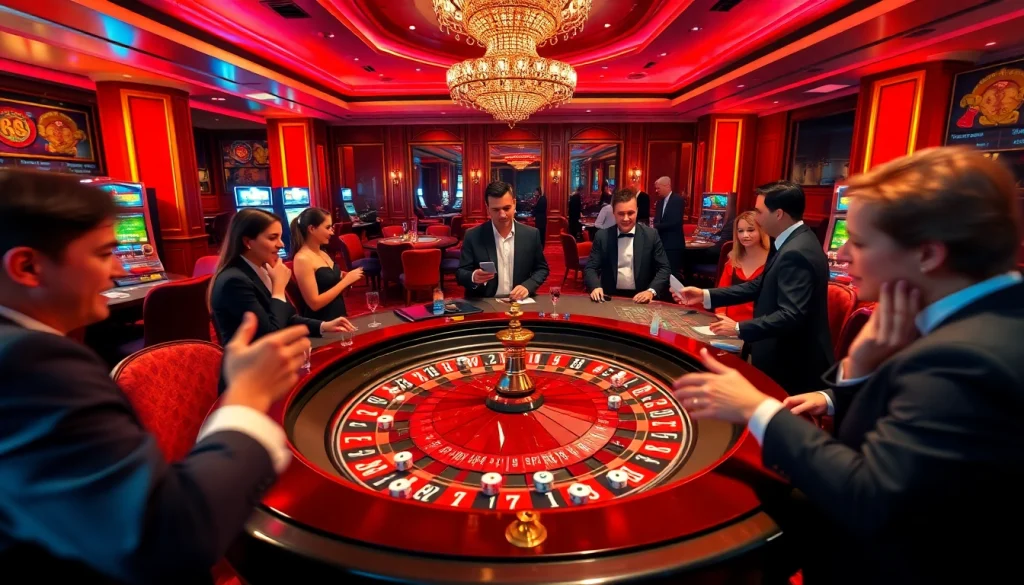 People playing blackjack at a stylish casino in Melbourne, featuring a migration agent helping clients.