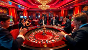 People playing blackjack at a stylish casino in Melbourne, featuring a migration agent helping clients.