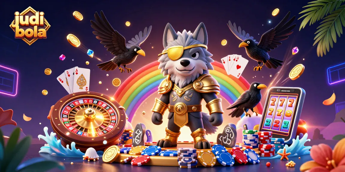 Engage in judi bola with an epic 3D scene showcasing casino-themed characters and elements.