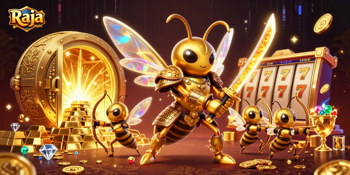 Engage in fun with Raja game login, featuring a golden hornet warrior and epic casino symbols in 3D.
