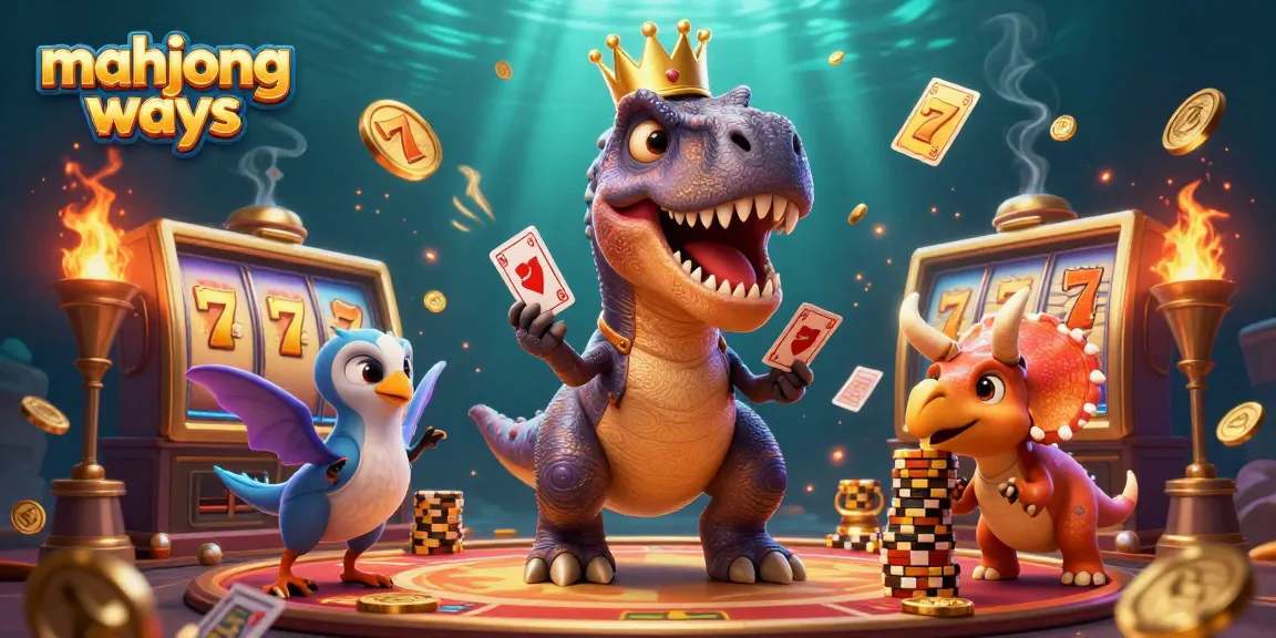 Experience excitement with Mahjong Ways as a T-Rex shuffles cards while stacking golden chips in this vibrant scene.