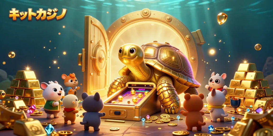 ネットカジノの楽しさを表現したイラスト、亀がピンボールマシンの甲羅で遊んでいる様子。
