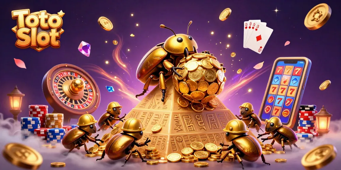Toto Slot scene showcasing a golden dung beetle and casino elements creating a dynamic online gaming atmosphere.