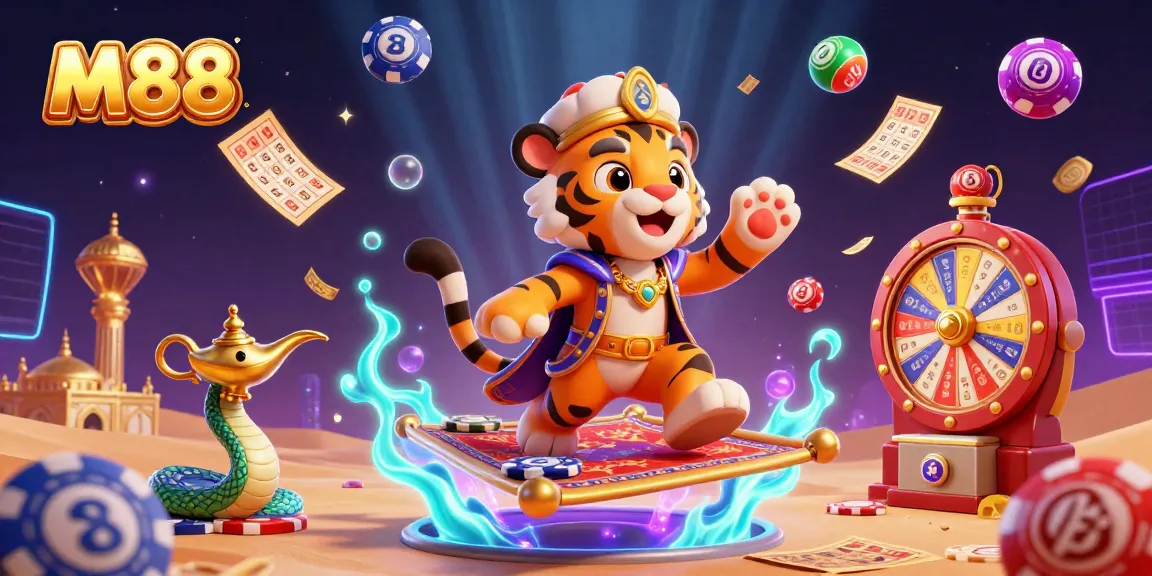 M88 casino adventure scene with a tiger sultan, colorful lottery balls, and a prize wheel amidst dynamic backgrounds.