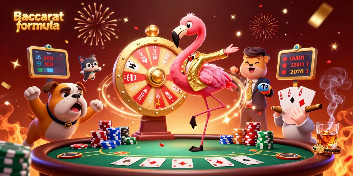 Baccarat formula game show scene with a flamingo host, excited bulldog contestant, and cat assistant at a lively casino.