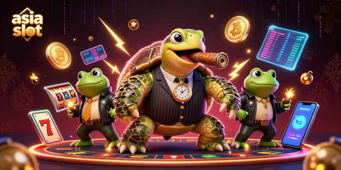Slot gacor asia slot menampilkan kura-kura besar dan tokoh penegak hukum dalam suasana kasino.