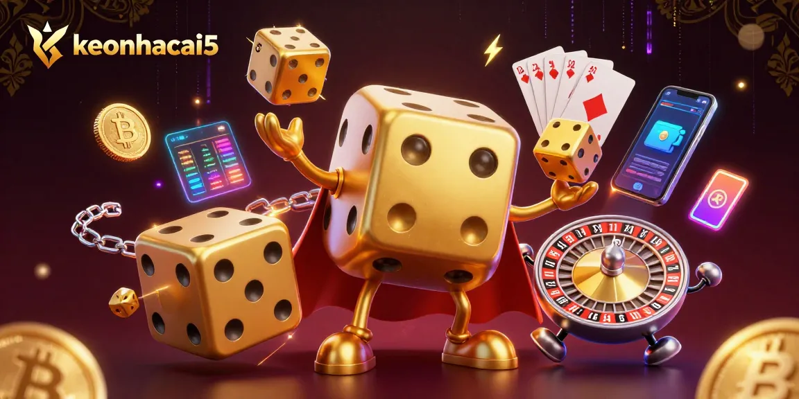 Engage with keonhacai5's vibrant 3D casino scene featuring a golden dice golem and Ethereum coins.