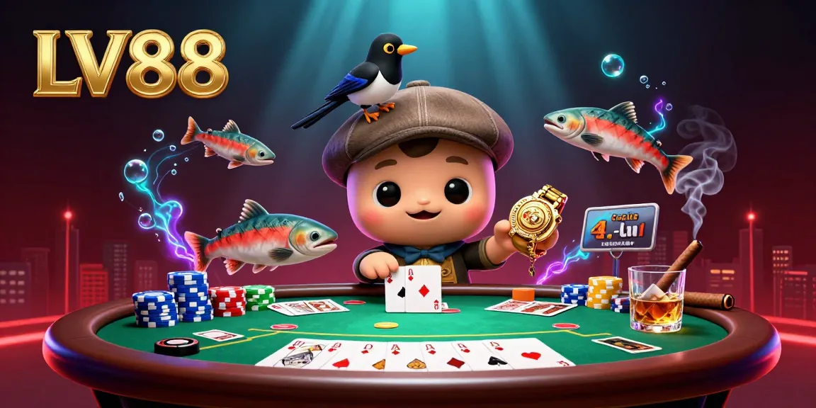 Join the excitement at LV88 with cute characters around poker elements in a vibrant casino setting.