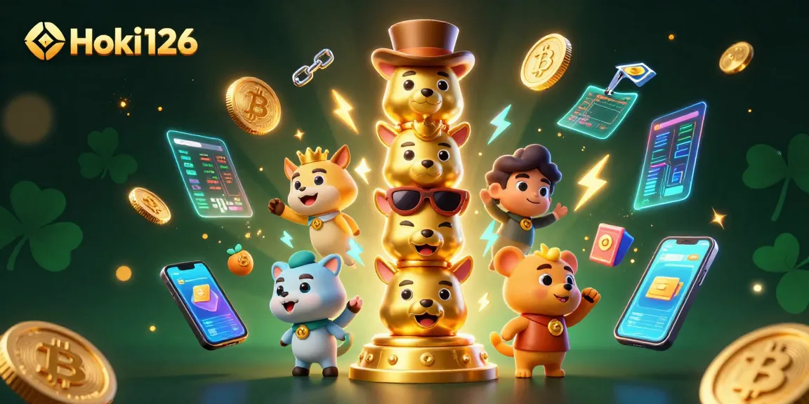Engage with Hoki126's vibrant casino scene featuring a golden totem and dynamic gambling elements.