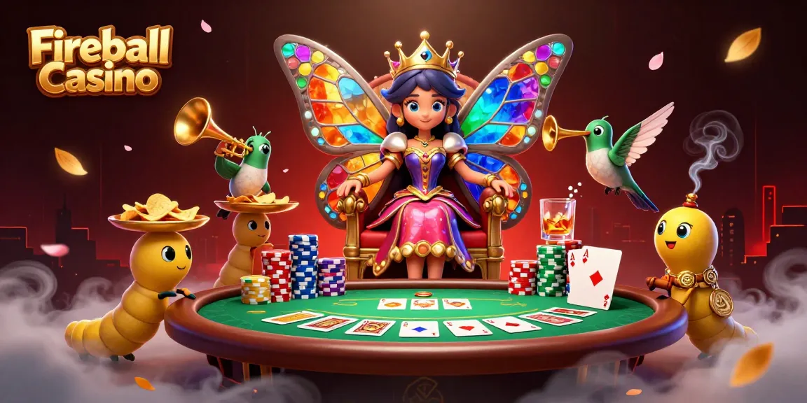 Fireball Casino zachwyca grą w pokera z kolorowymi żetonami i królową motyli w centralnej roli