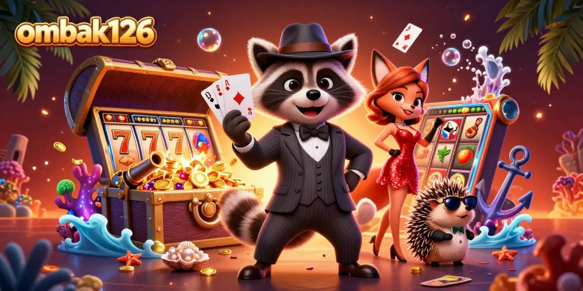 Experience the thrill of ombak126 with a dynamic casino scene featuring a winning raccoon, an elegant fox, and treasures galore.