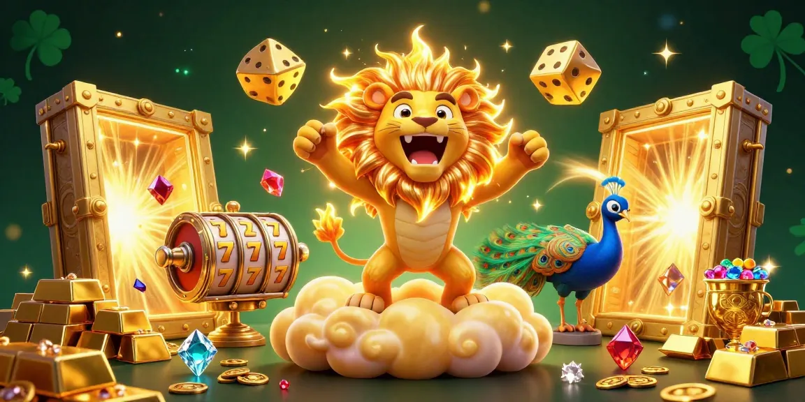 Spin colorful slots and win big with the roaring lion amidst gold treasures in this vibrant illustration.