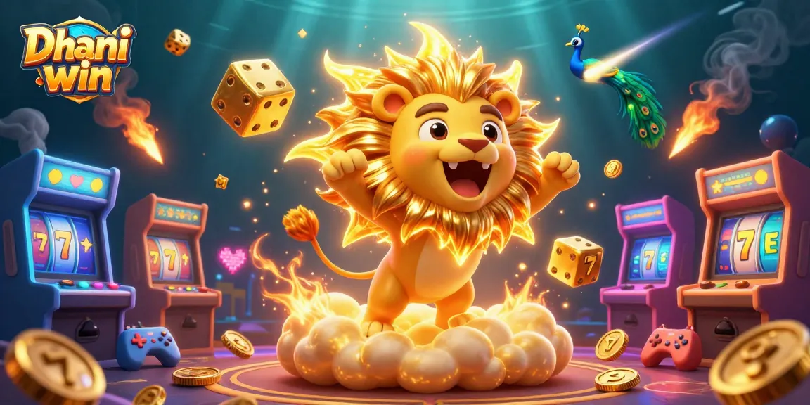Dhani win features a playful and vibrant 3D illustration showcasing exciting gaming elements like slot reels and golden dice.