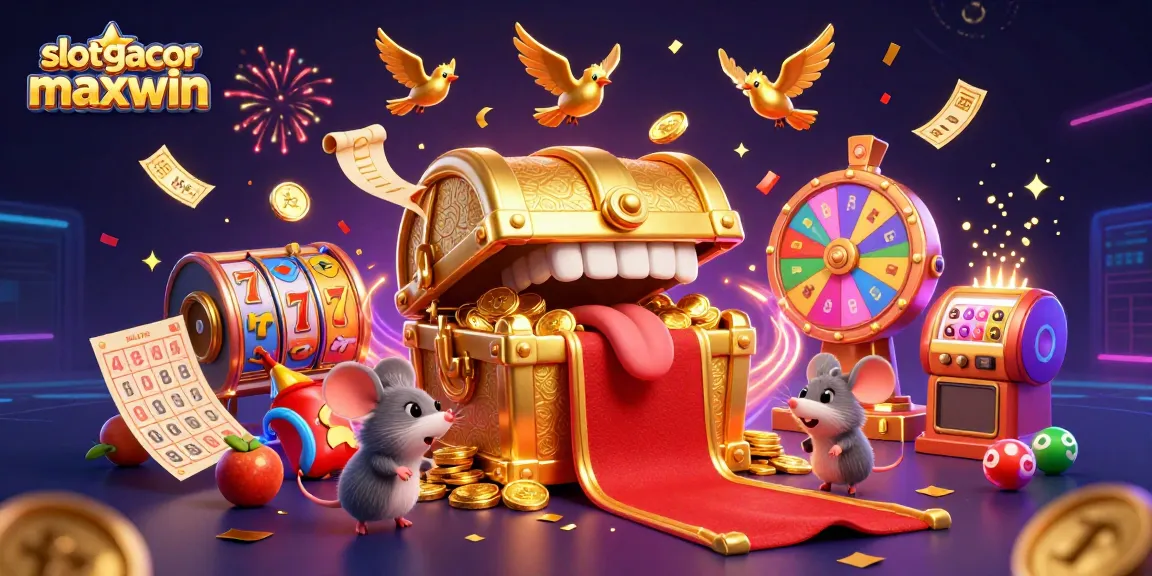 Permainan slot gacor maxwin menarik pemain dengan peti harta karun dan efek uang hujan.