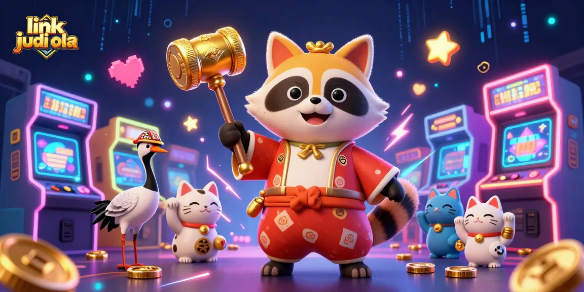 Experience the thrill of link judi bola with a cheerful tanuki, colorful game elements, and festive background