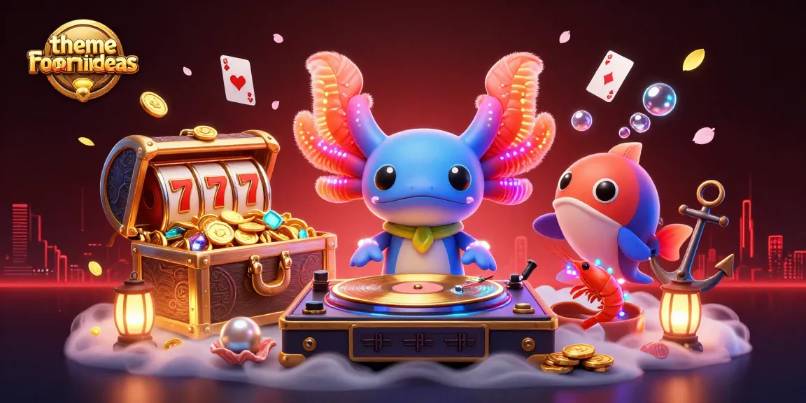 Themeroomideas showcases vibrant casino fun as a neon axolotl DJ spins winning slots with lively sea creatures.