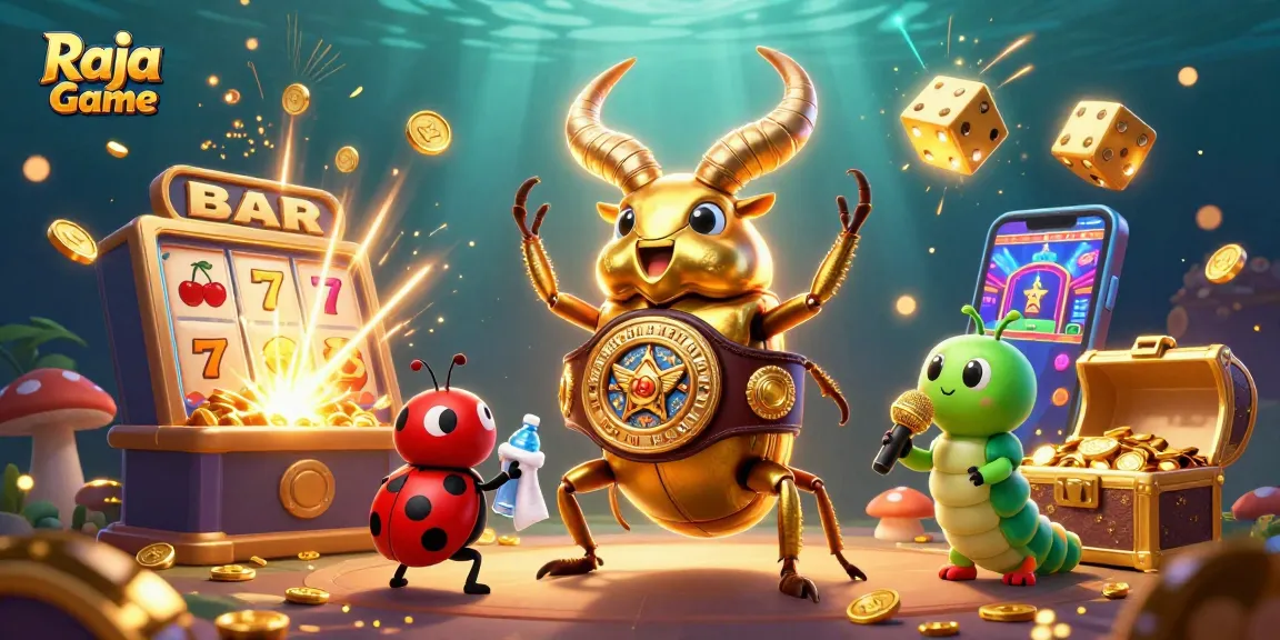 Engage in thrilling gameplay with Raja Game featuring golden beetle, dynamic slot machine, and lively casino action.