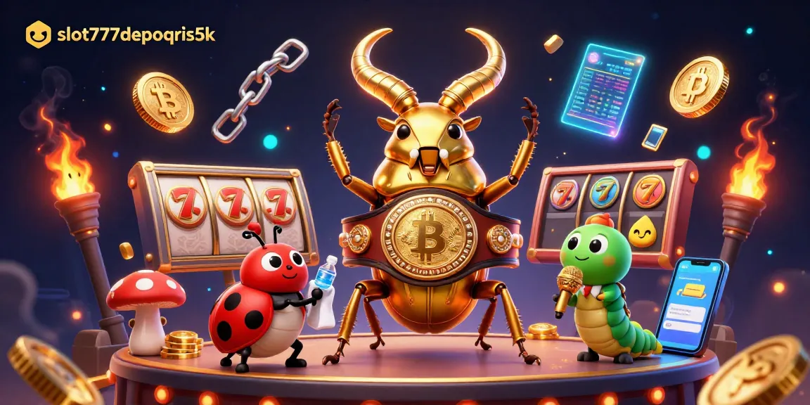 Engage with the thrill of slot777depoqris5k through a vibrant 3D illustration showcasing dynamic gambling elements.